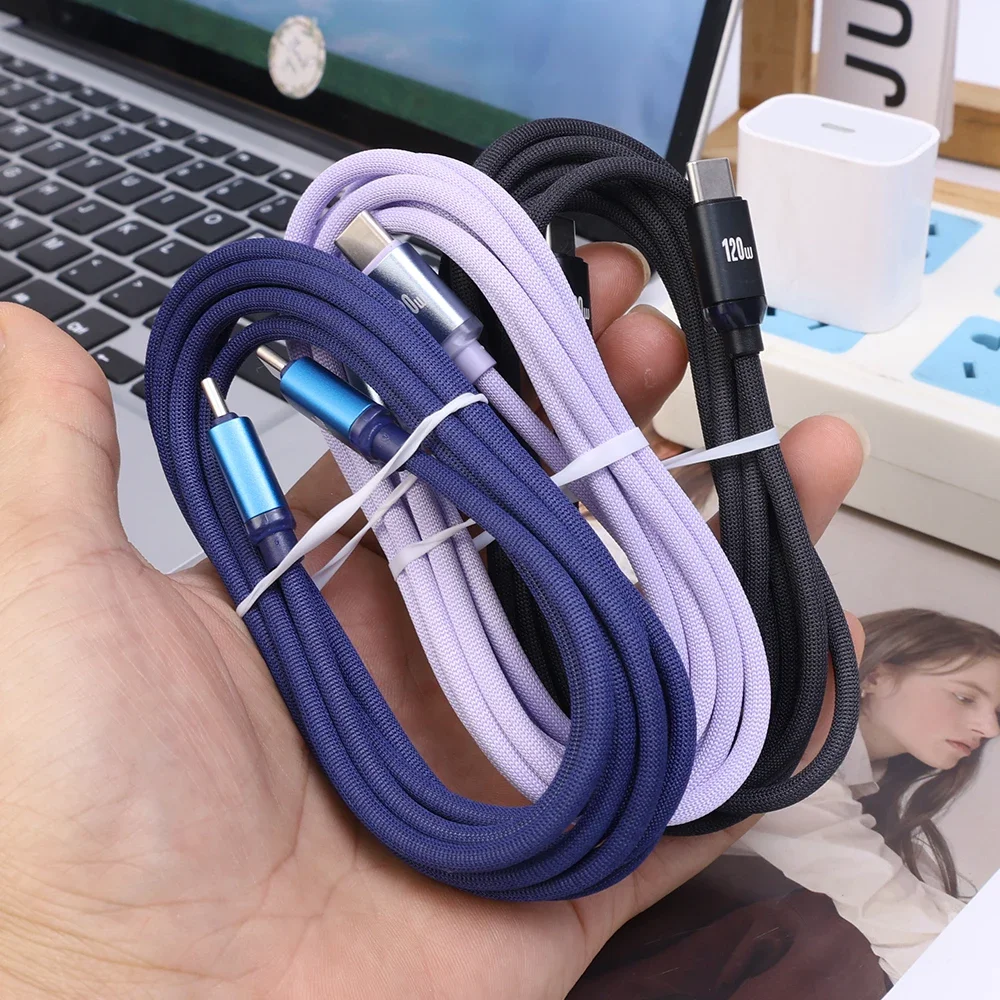 PD120W Fast Charging Dual Type C Mobile Phone Cables Braided Charger Cord USB C To Type C Wire for Android Samsung Xiaomi