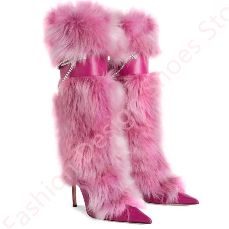 

Теплые зимние длинные женские сапоги на длинном меху с металлическими цепочками, женские сапоги до колена на тонком высоком каблуке с перекрестной завязкой, большой размер 40 41