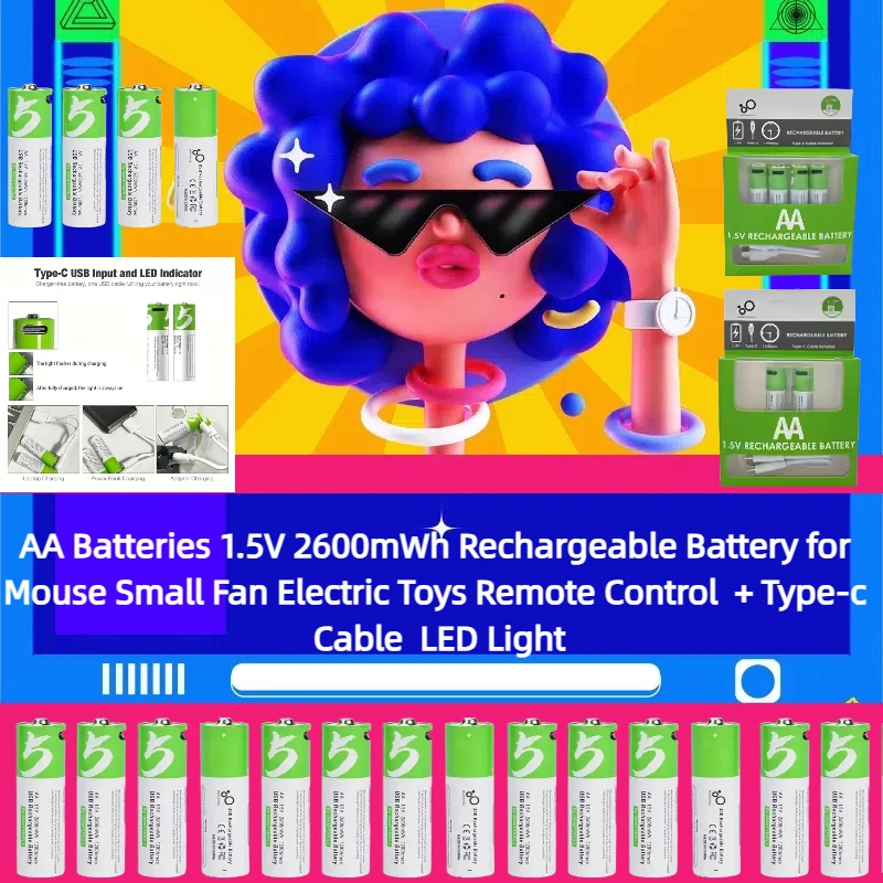 

AA Batteries 1.5V 2600mWh Rechargeable Battery for Mouse Small Fan Electric Toys Remote Control + Type-c Cable LED Light