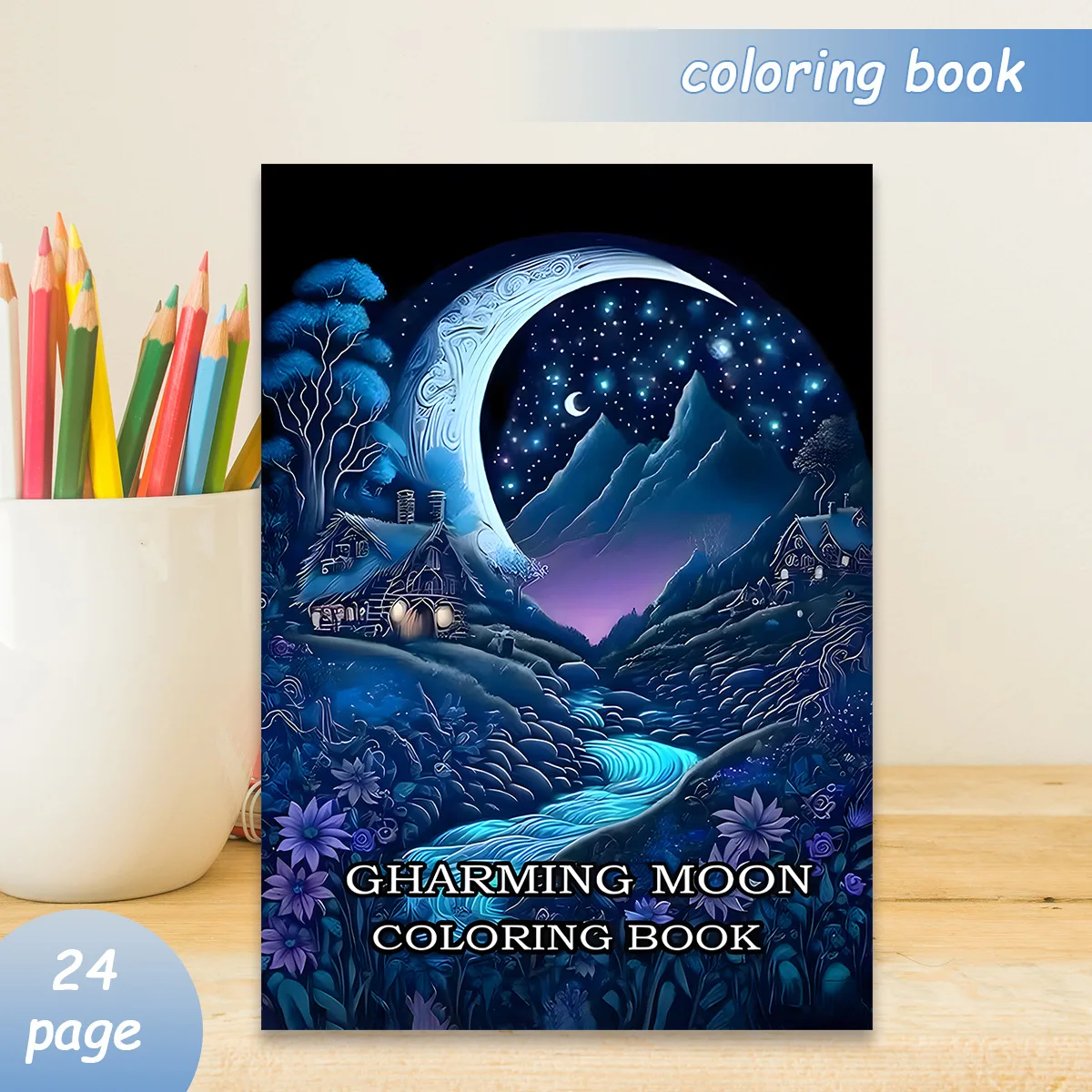 Charming Moon Coloring Book Magical Night Mountain Cottage Forest Floral Starry Sky Stress Relief Drawing Gift For Adults