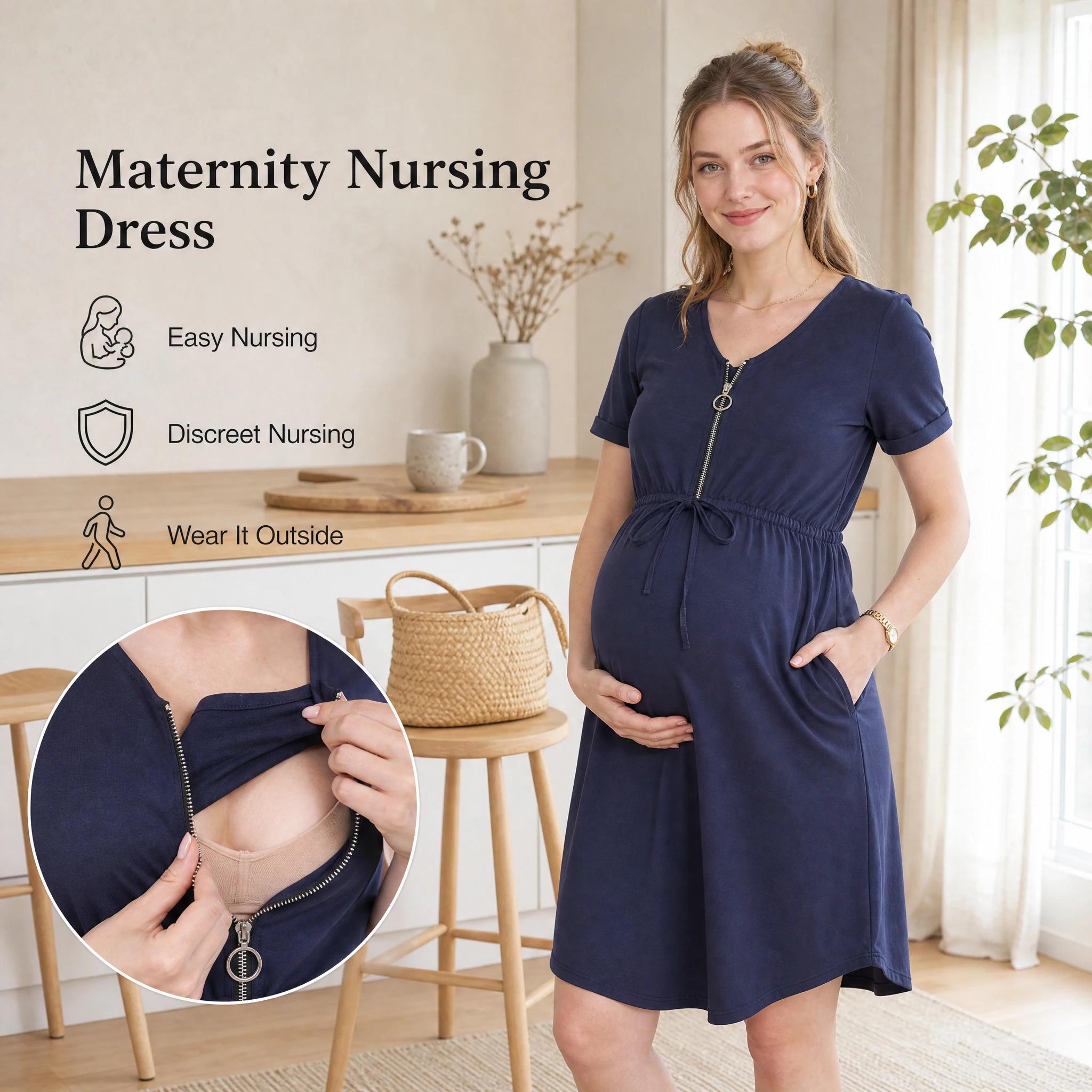 Maternity Nursing Short Sleeve Dress Front Zipper Nursing Opening Adjustable Waist A-Line Pregnancy Dress with Pockets