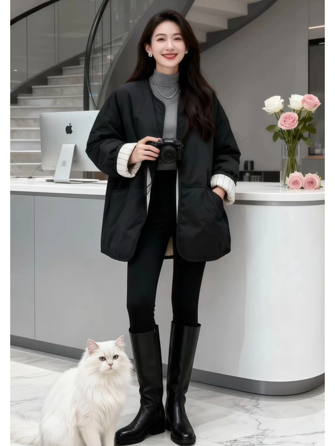 

Korean Style Loose Fit Single Button round Neck Cotton Jacket Women's Autumn Winter Lightweight Warm Pure Color Coat