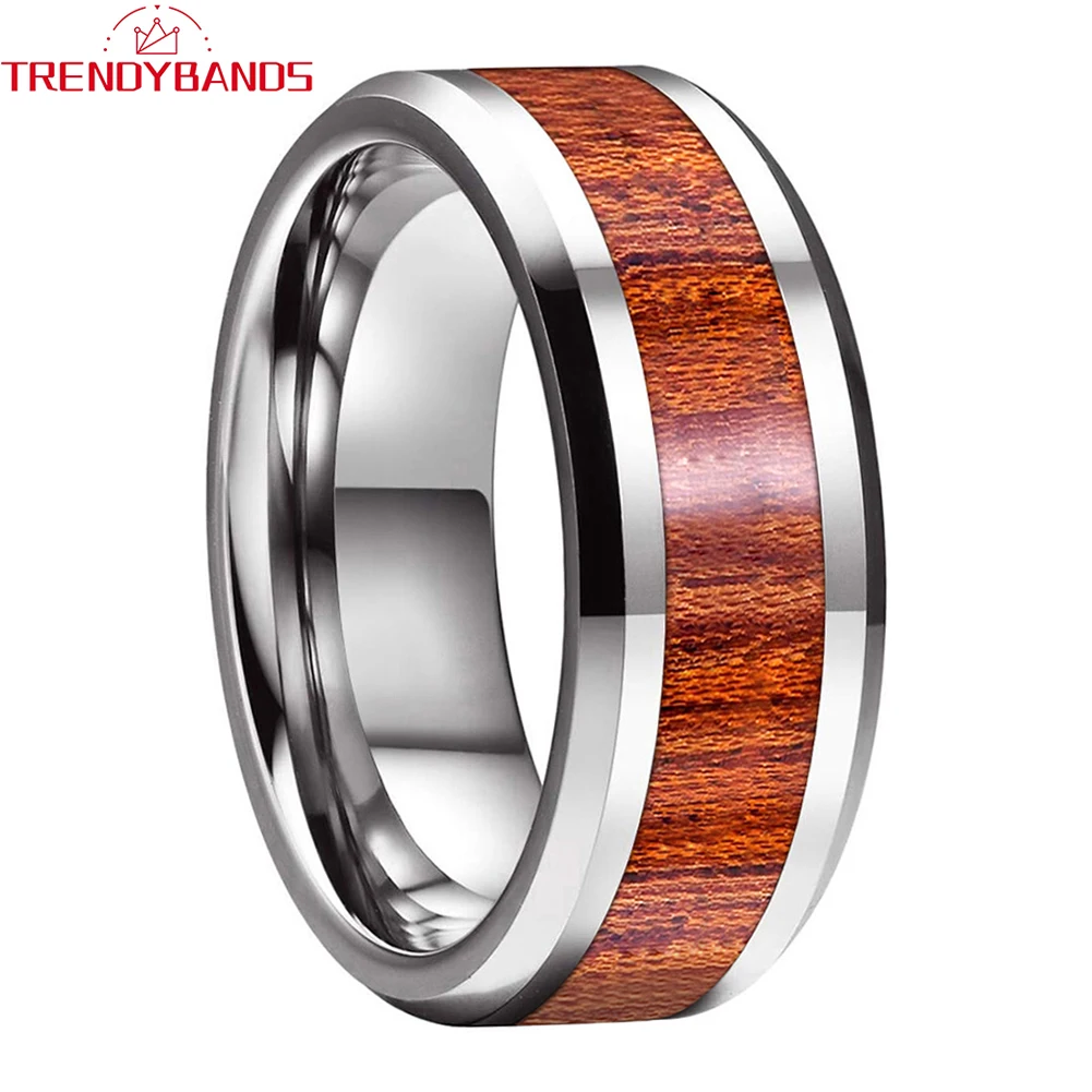 6mm 8mm Koa Wood Inlay Mens Womens Tungsten Ring Wedding Band Polished Shiny Beveled Edges Comfort Fit