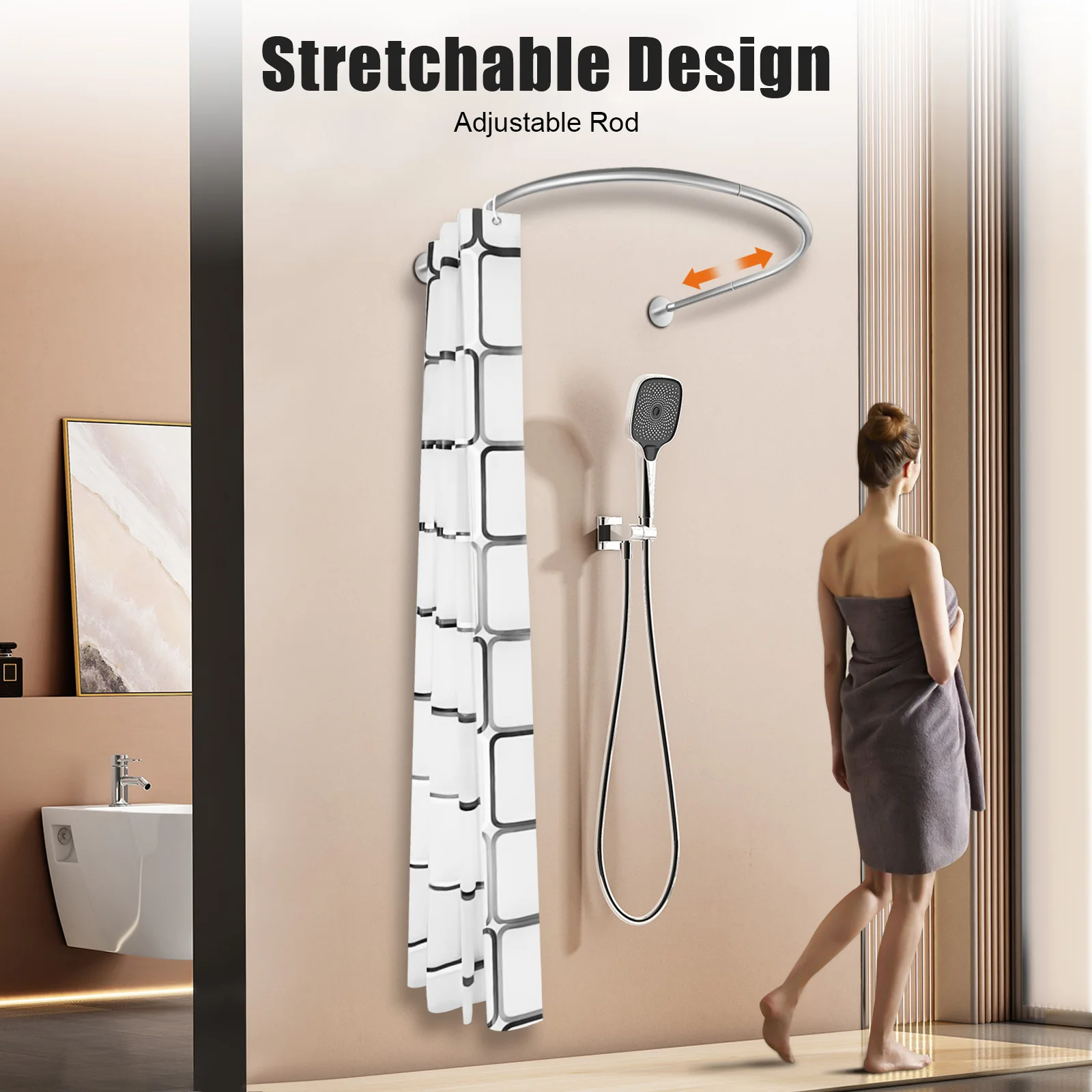 Shower Curtain Rail U Shape w/ Curtain 80-130 cm Shower Rail for Shower Curtain No Drilling Holder