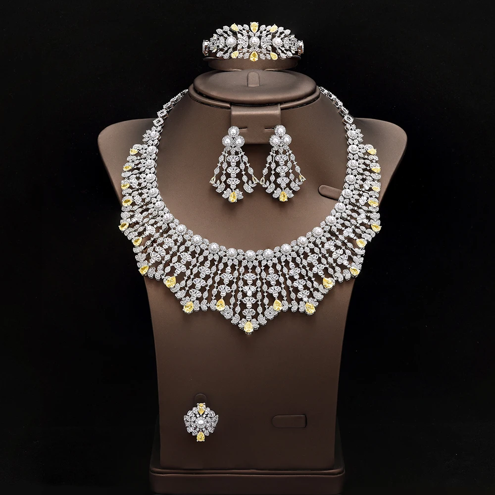 

HIBRIDE Light luxury heavy craft sliver color necklace earrings bracelet women's jewelry set wedding party holiday gift S-1004