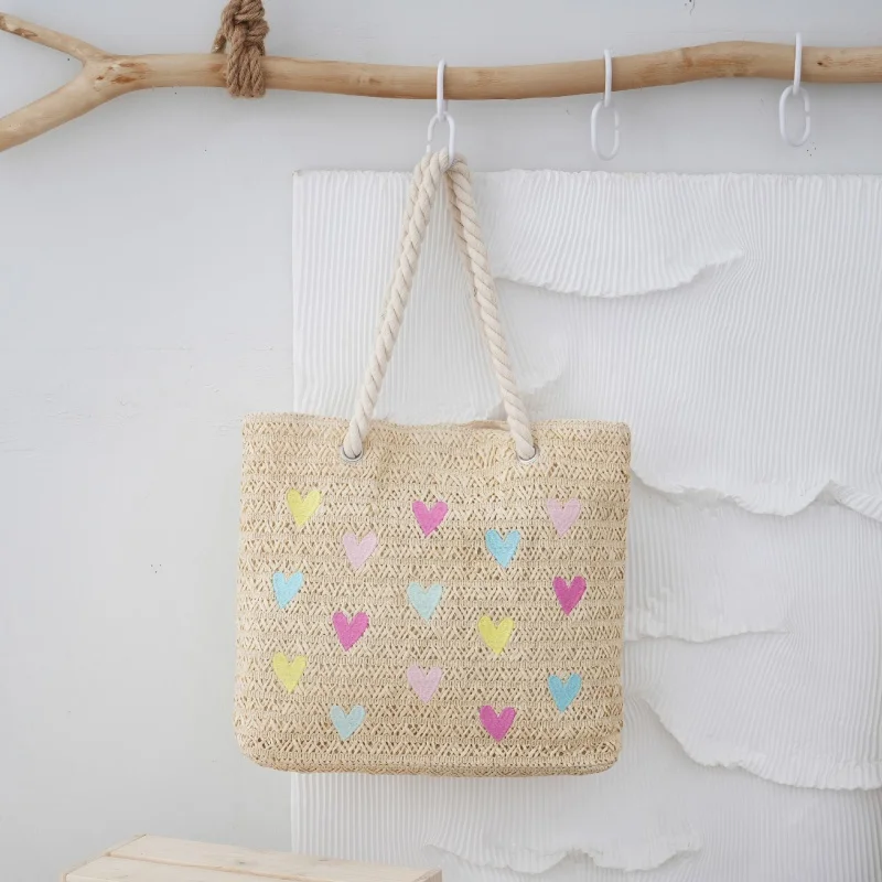 Cute Girly Style Straw Tote Bag Heart-Shaped Embroidered Children's Bag Woven Tote Lightweight Beach Bag