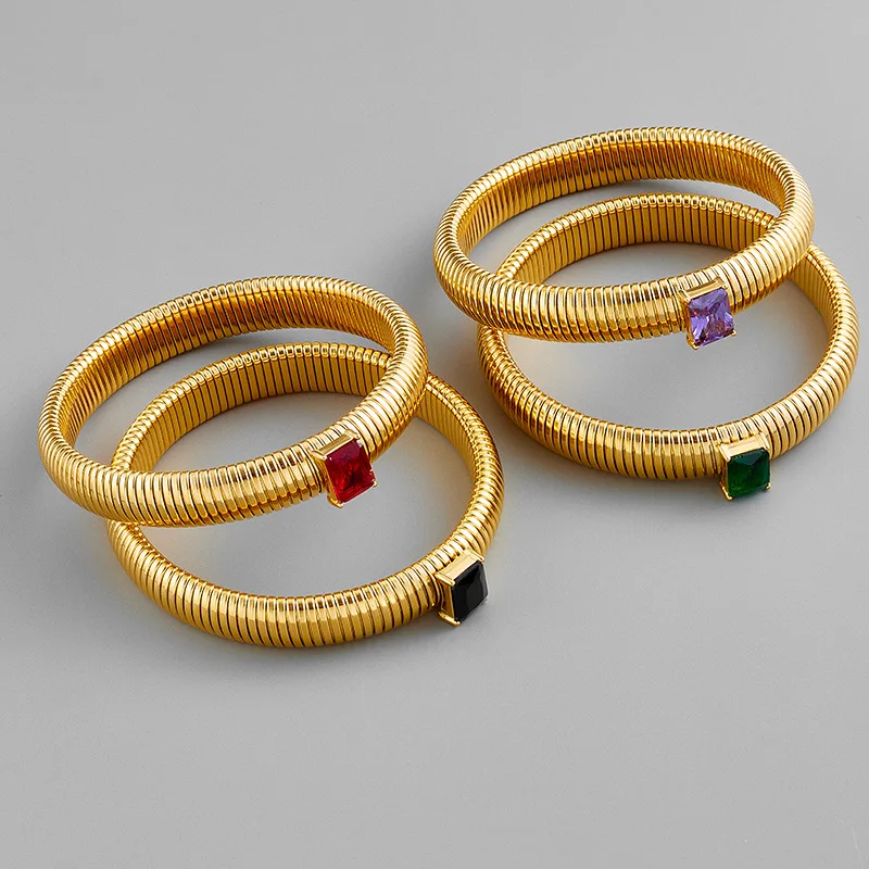 Colored gem stone elastic wide bangles stainless steel bangles for women simple elegant stainless steel jewelry new in