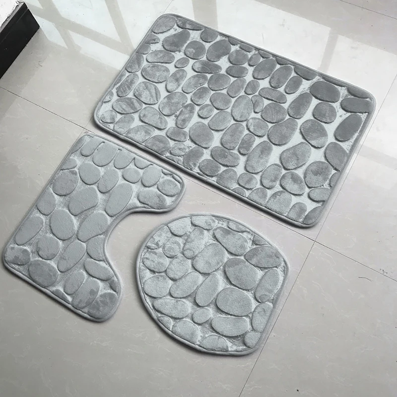 Non-Slip 50 x 80 cm Bath Mat and 50 x 40 cm Toilet Mat 2-Piece Bathroom Rug Set Soft Bath Mat with Cobblestone Pattern Washable