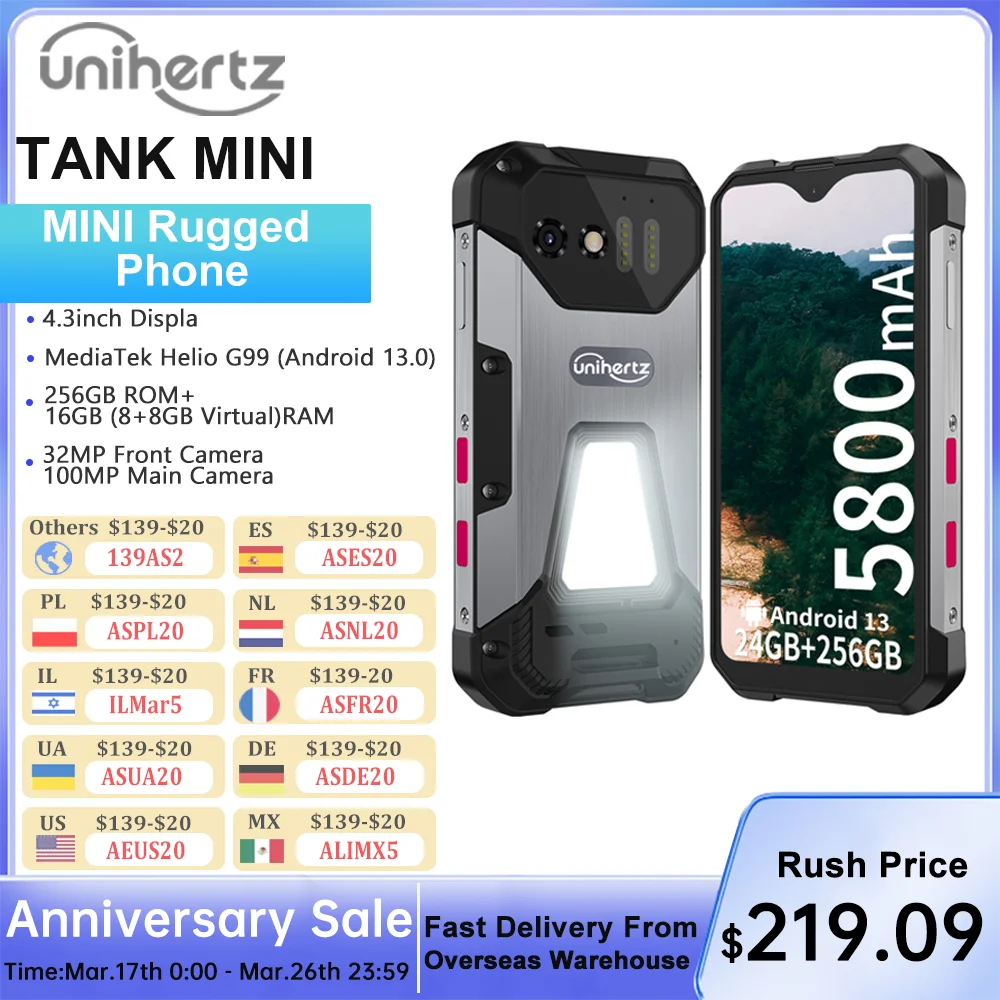 Unihertz Tank Mini Wytrzymały smartfon 8849 4,3-calowy mały telefon komórkowy 16 GB/24 GB + 256 GB Android 13 5800 mAh Kamery 100 MP Telefon IP68