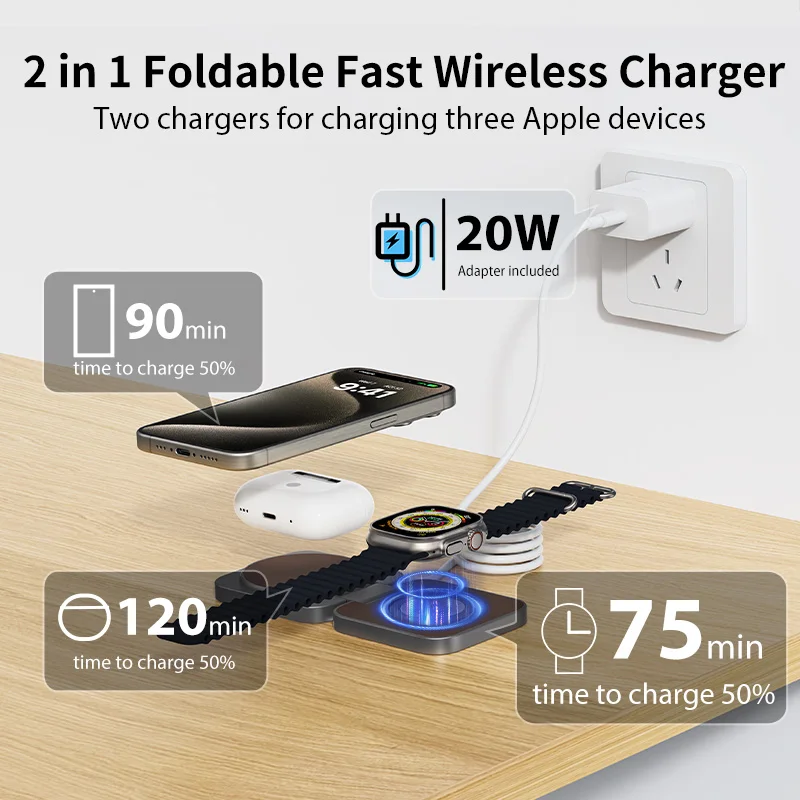 KUXIU 2 in 1 Foldable Mini Wireless Charger Stand for iPhone16/15/14/13/12Pro/Max,5W Fast Charging Watch9/8/7/Ultra2,AirPods Pro