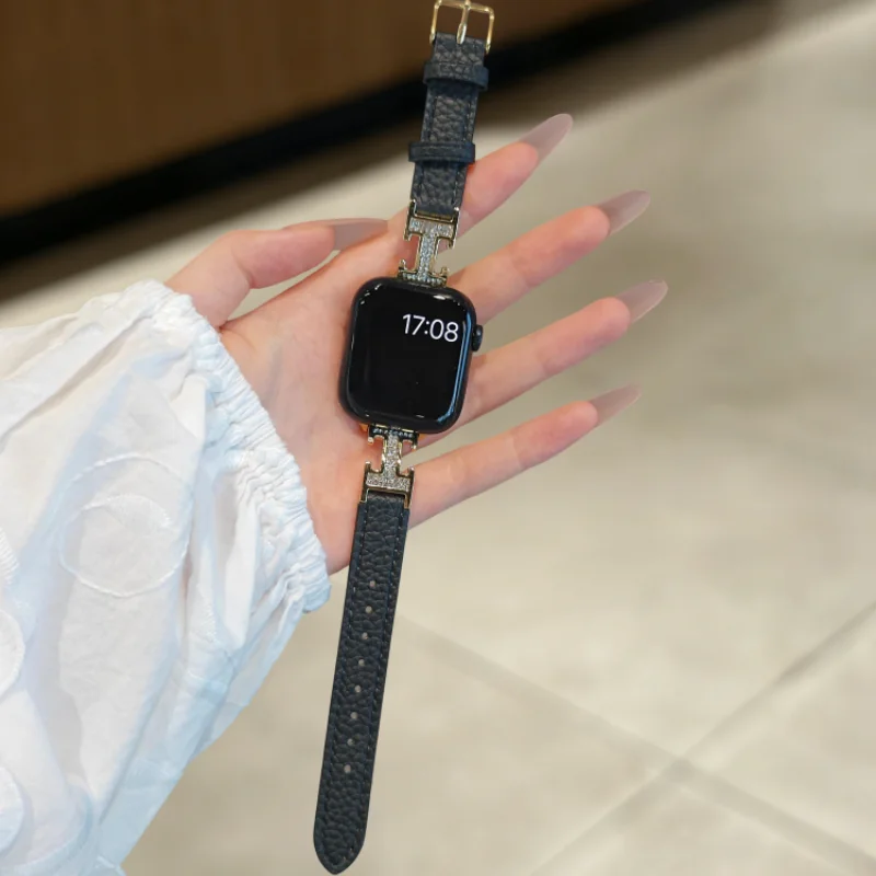 Simple diamond studded leather strap suitable for Apple iWatch strap 38mm 40mm 41mm 42mm 44mm 45mm 49mm fashionable strap