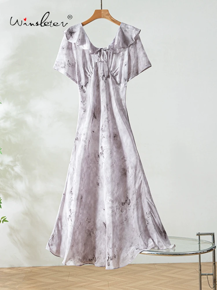 

Winsleter-Women 100%Real Silk Elegant Dress, Short Sleeve V Neck Print, French Retro Ruffles Long Dresses, 2025 Summer D56446CC