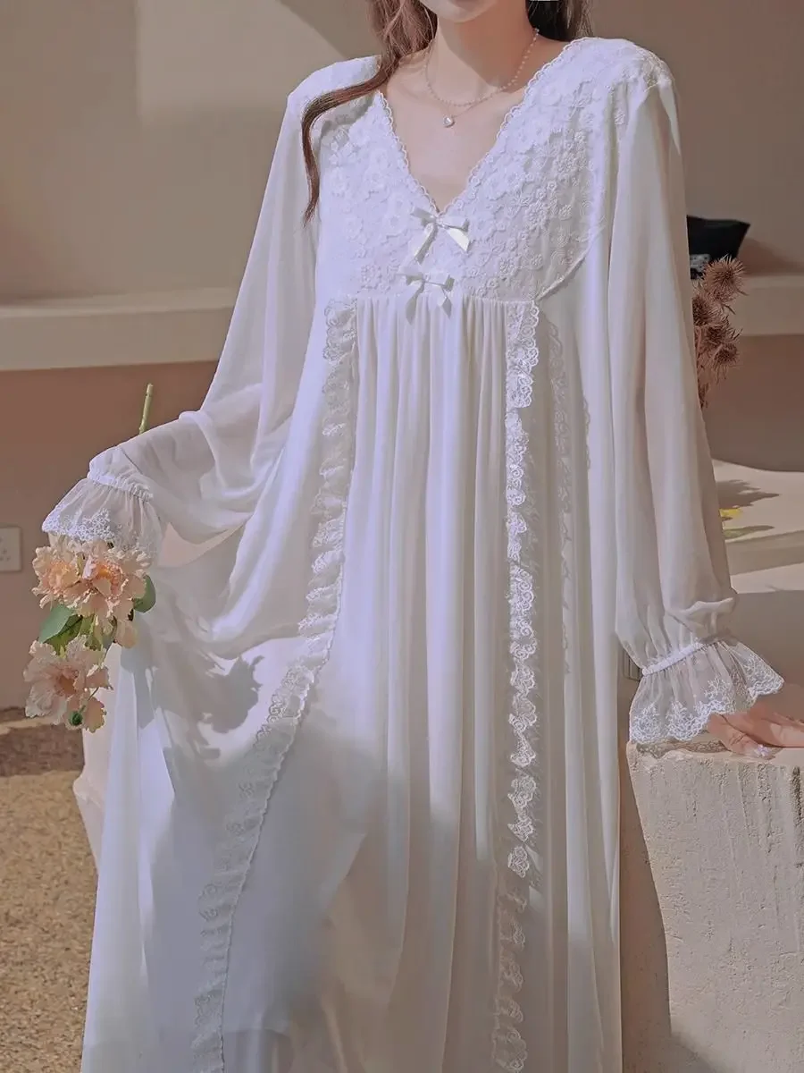 

Spring Autumn Night Gown Sweet Dress French Pajama Women Embroidery Lace Long Sleeve Nightgown Loungewear Mesh Dresses Underwear