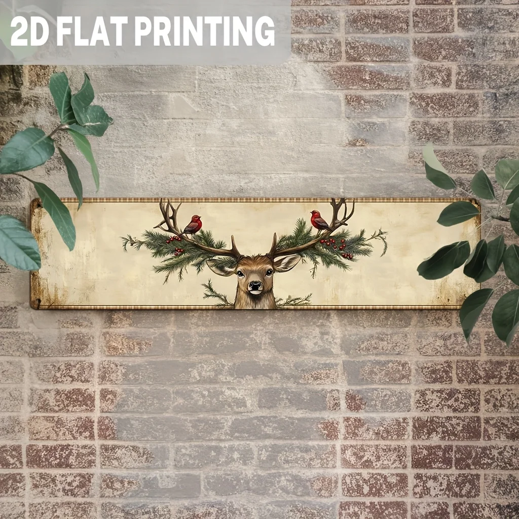 2D Flat, 1pc, Retro Red Birds on Antlers Metal Sign, Deer with Pine And Berries, Wall Art, Rustic Wall Decoration for Christmas