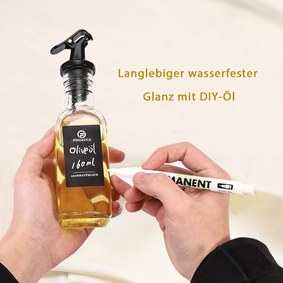 160 ml Ölflasche aus Glas, auslaufsicher, für die Küche, Gewürze, Sojasauce, Essigflasche, transparente Olivenölflasche mit schwarzen Etiketten – Detail 9