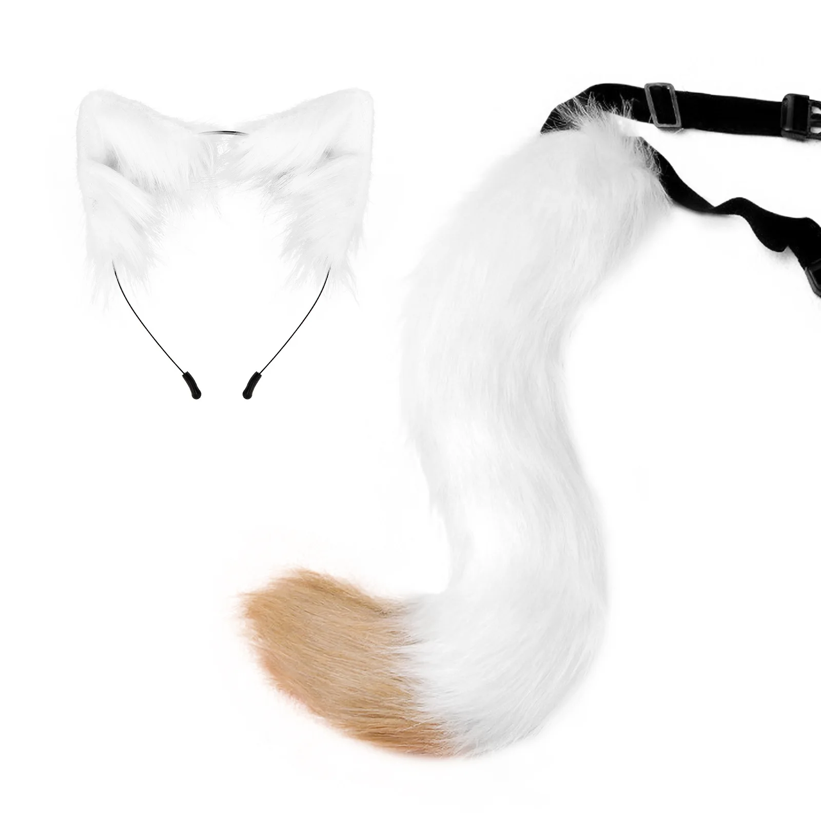 Faux Fur Fox Ear Headband and Tail Costume Set, Lolita Cosplay Furry Cat Ear Headpiece and Long Tail Masquerade Prop