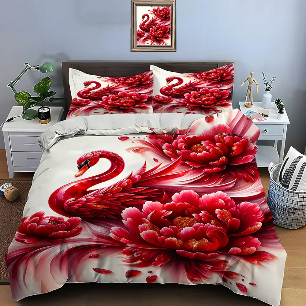 Red Swan with Blooming Flowers Bedding Set for Kids Luxury Gift 3pcs Digital Print Comforter Set Soft Comfortable Breathable