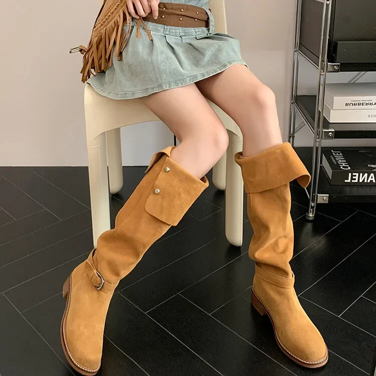 

Brand Design Metal Belt Buckle Western Cowboy Boots Retro Suede Thick Heel Over Knee Boots Sexy Folded Casual Women's Boots