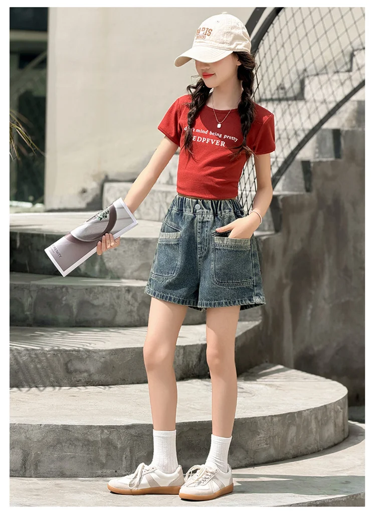 Retro-Design Mädchen-Jeansshorts für Teenager, Sommer-Freizeitshorts mit Taschen, Hochwertige Kinder-Modehose, Alter 5-14 Jahre – Detail 5