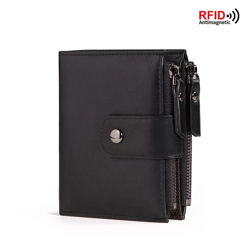 Cartera de cuero PU con bloqueo RFID para hombre, monedero vintage con cremallera, tarjetero de crédito, bolsa de dinero, billetera de negocios