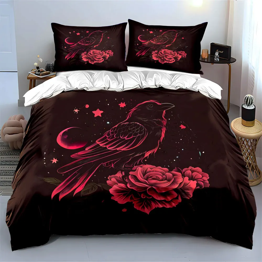 Enchanting raven and roses in starlit sky Print Bedding set 3PC 1 duvet cover 2 pillowcases adult and children bedding set