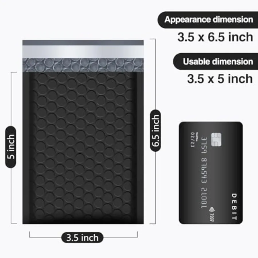 Bubble Mailers 3.5x6.5 Inch Black 50 Pack Padded Envelopes Usable Size 3.5x5 Small Business Mailing Packages Self Seal Adhesive - view 2