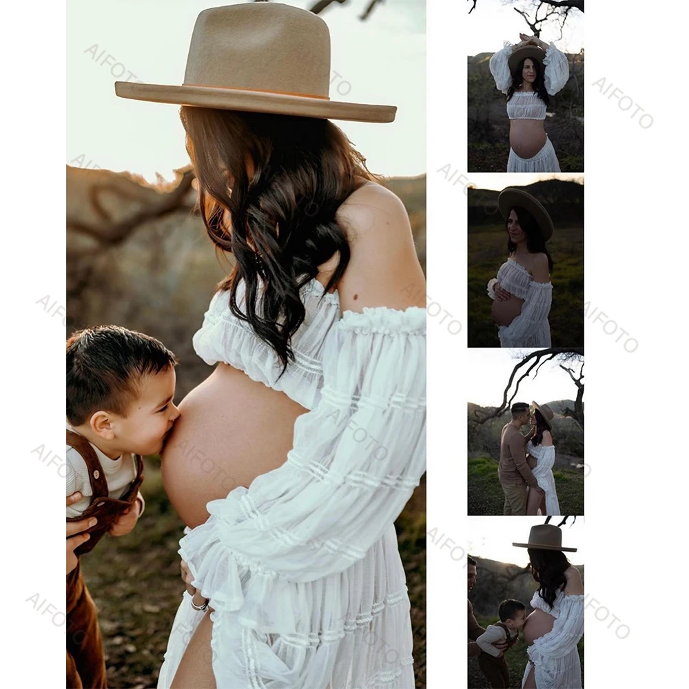 Vestido largo de gasa de tul para mujer embarazada, traje Sexy de dos piezas, estilo bohemio, para fotografía de maternidad