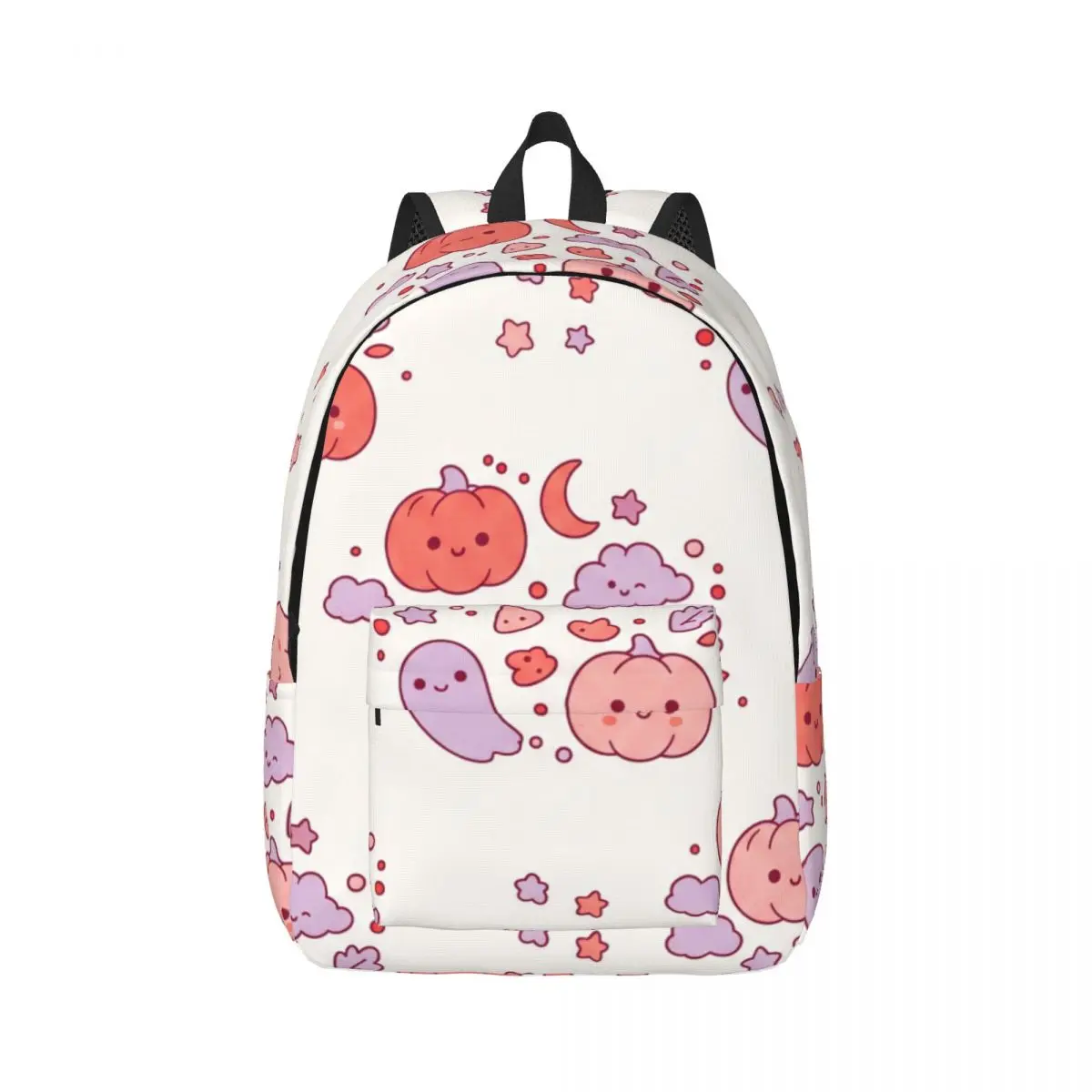School Backpack Allover Pumpkin Moon Ghost Star Cute Kawaii Pink White Daypack for College Class Weekend Gift Seasonal Bookbag