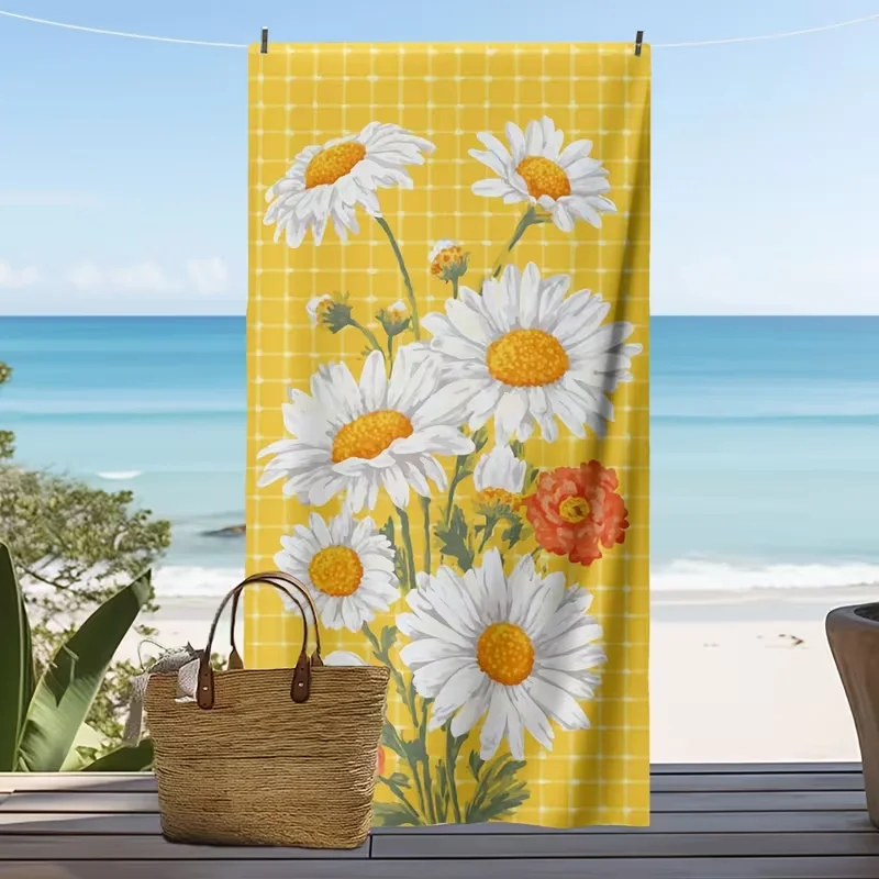 Yellow Plaid Daisy Floral Beach Towel Quick Dry Lightweight Absorbent Bright Summer Print Towel for Summer Beach Vacation