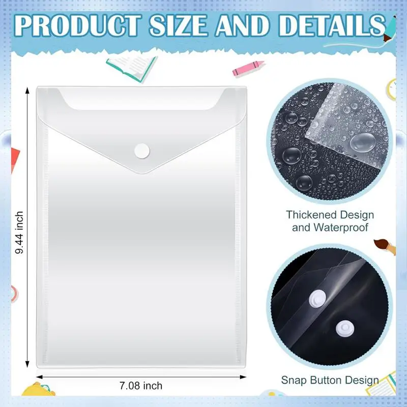 A82Q-50Pcs Clear Plastic Envelopes With Snap Button Stamp And Die Storage Pockets For School Home Office 7.08 X 9.44Inch