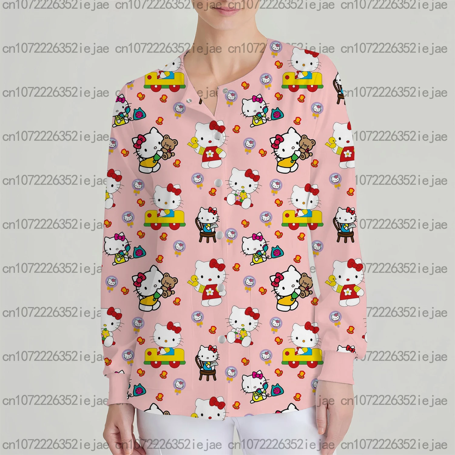 ナース看護ジャケット 秋と冬 暖かいコート 女性用医療スウェットシャツ ハローキティプリント 長袖スクラブトップ ストリートウェア