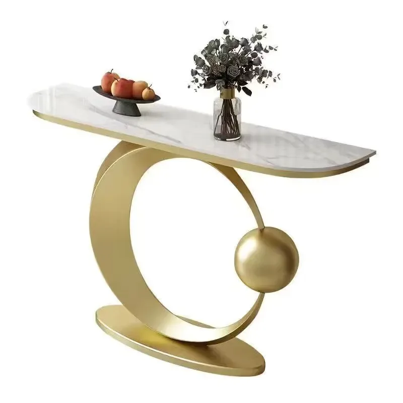 Modern Simple Light Luxury Slate Metal Entrance Table Half Console Art Strip Design Customizable