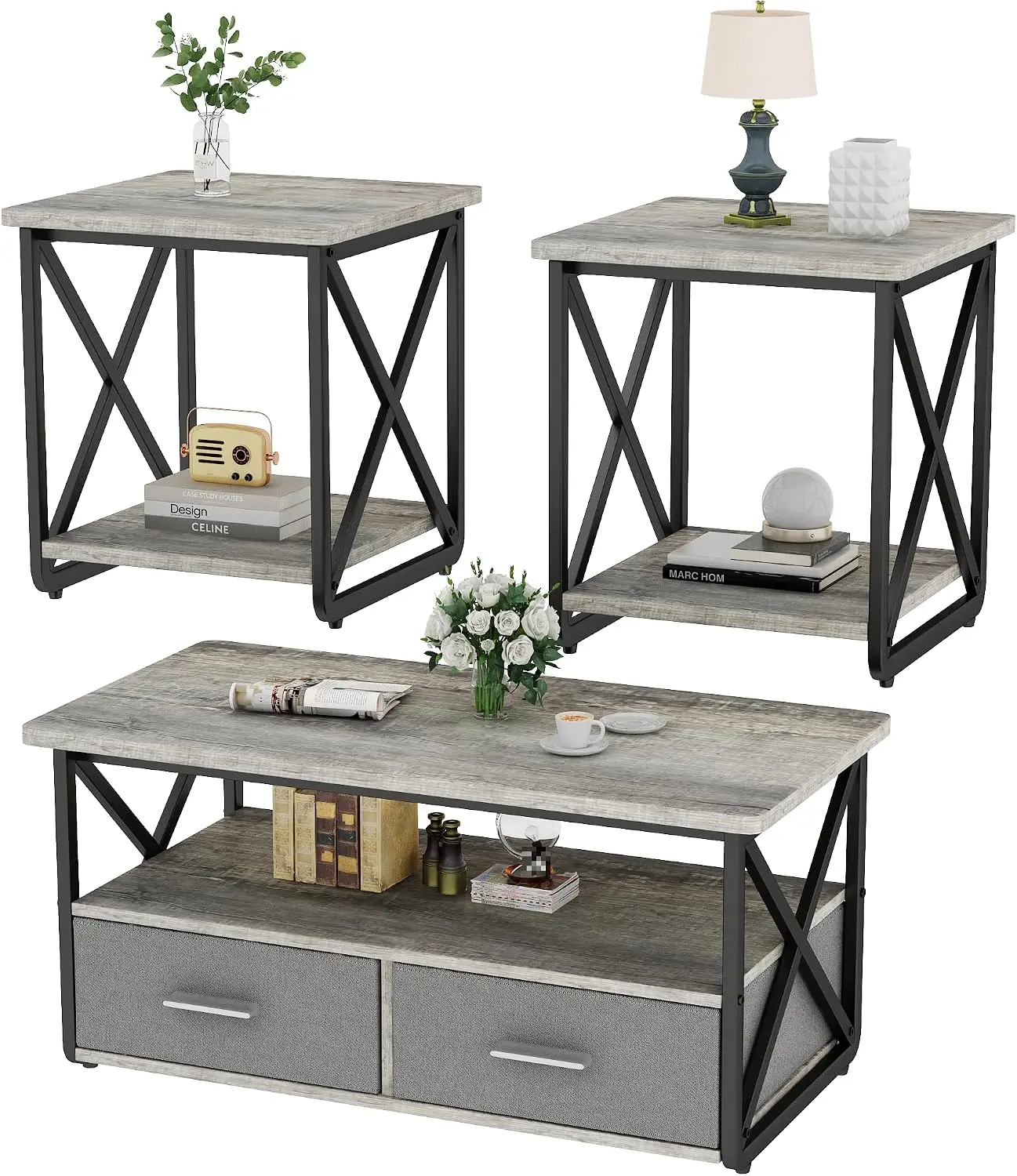 3 Piece Coffee Table Set With Fabric Storage Drawers And Shelves, Industrial Farmhouse Wood Metal Center Table With 2 End Tables For Living Room Small Spaces Apartment, Rustic Brown