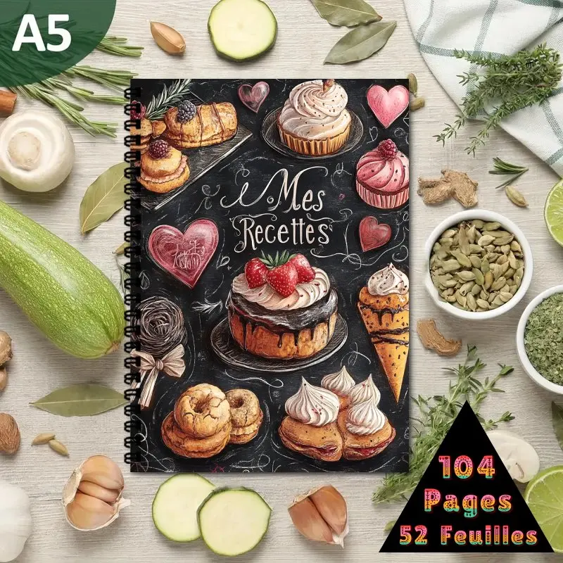 Receta francesa con encuadernación en espiral A5, libro de colección Recipe, puede contener hasta 100 recetas, pastel de fresa, macarrones sobre fondo negro
