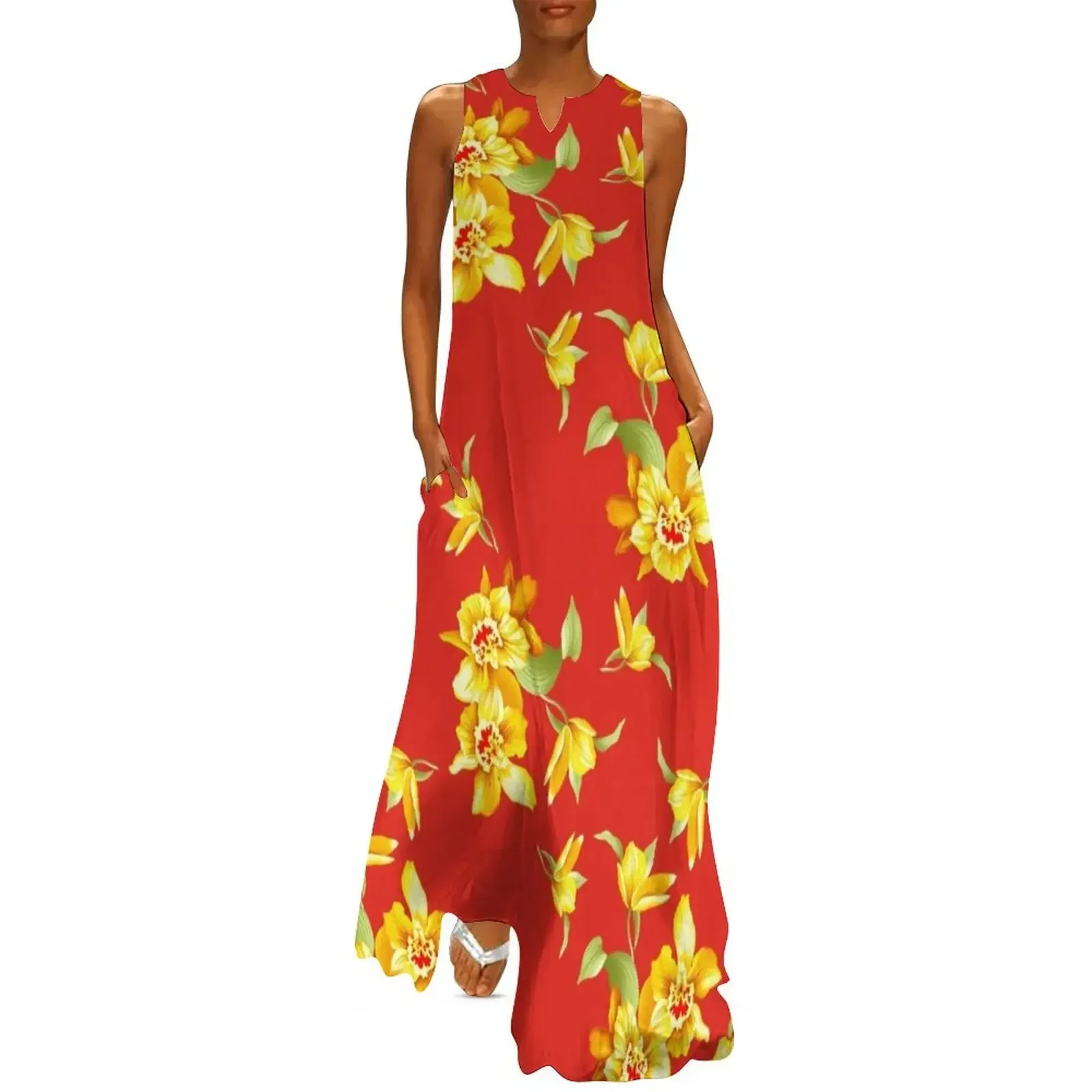 

Golden Daffodils on Red Long Dress summer dress party dresses woman Women dresses summer Women long dress