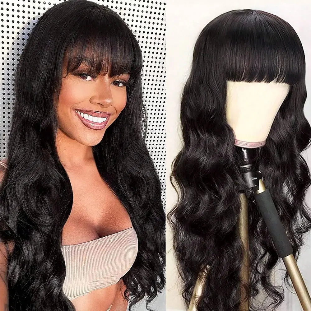 Women's Brazilian Virgin Human Hair Wig with Bangs Natural Body Wave Fringe, Full Machine Made Wig with Bangs