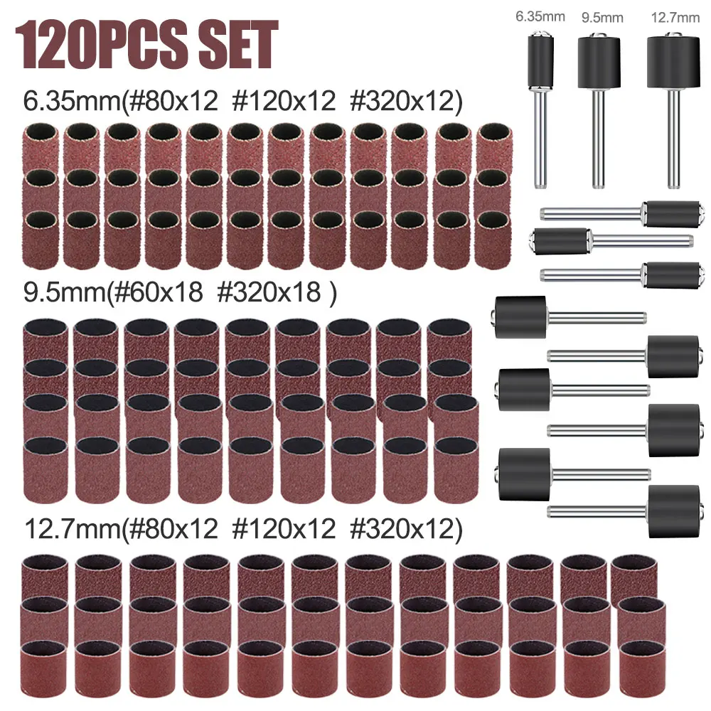 XCAN 120-teiliges Schleiftrommelset # 60 # 80 # 120 # Schleifband mit 320er Körnung und 1/8'' Sanddornen für Dremel-Rotationswerkzeug – Detail 3