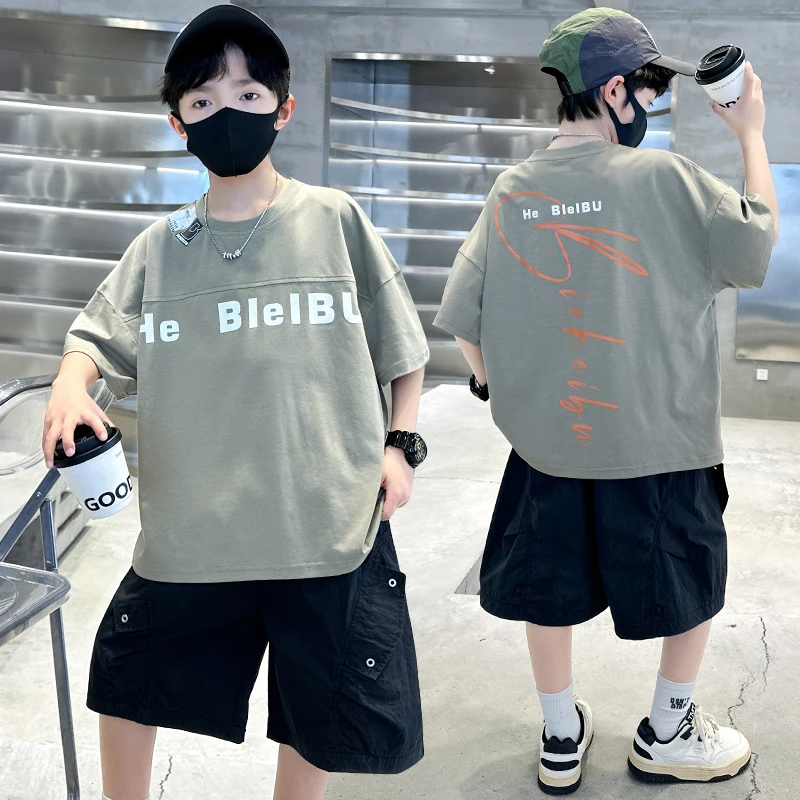 New Casual Boys Top and Bottom Clothes Set Summer Suit for Tween Children Clothing Kids Teenager Shorts Sleeve Tshirt Shorts Set