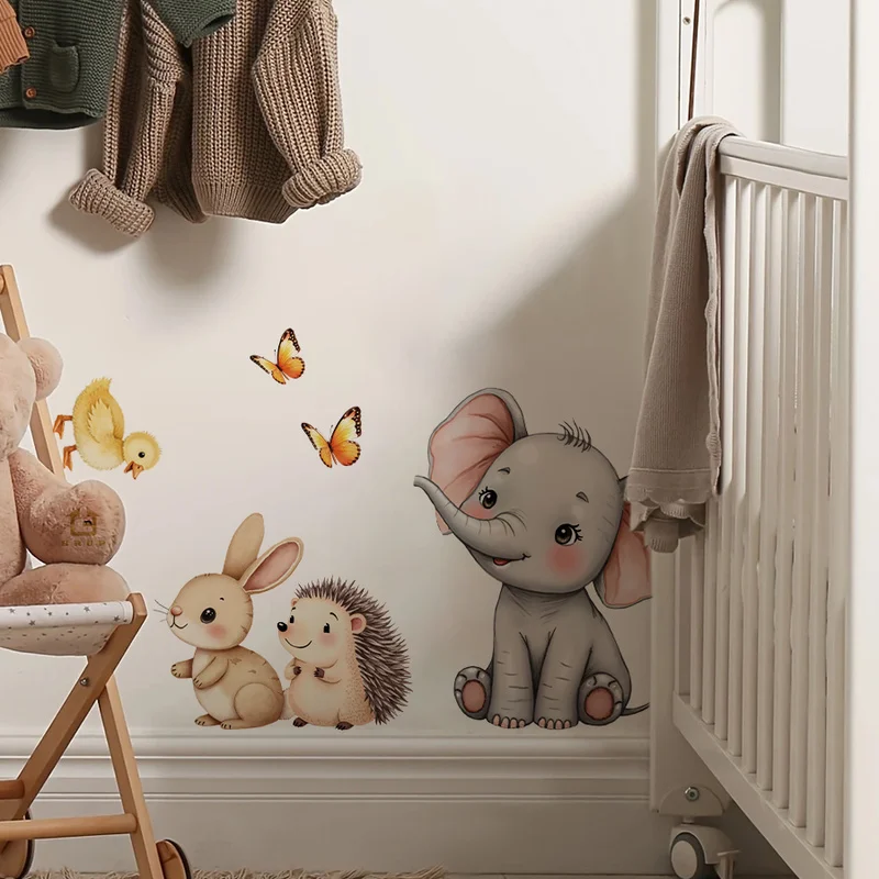 ملصق حائط على شكل حيوانات كرتونية - ملصق حضانة على شكل أرنب الفيل على شكل قنفذ، ديكور غرفة الأطفال قابل للإزالة، غرفة اللعب، جدار الفن المنزلي
