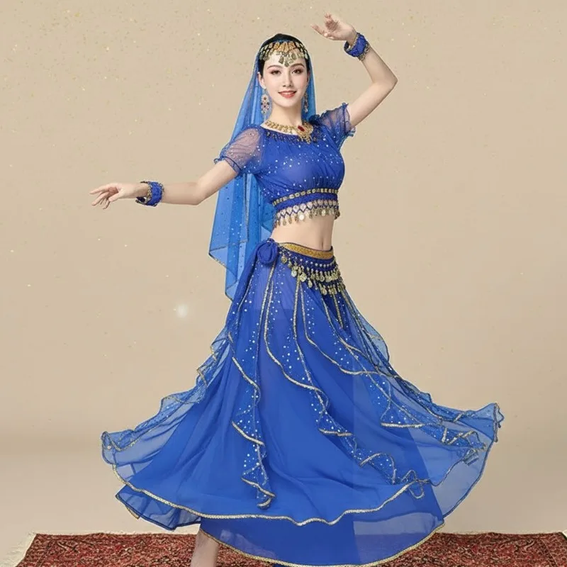 Traje de Danza del Vientre, Conjunto de 7 Piezas, Sari, Top Choli, Falda Maxi, Atuendo Indio para Mujer