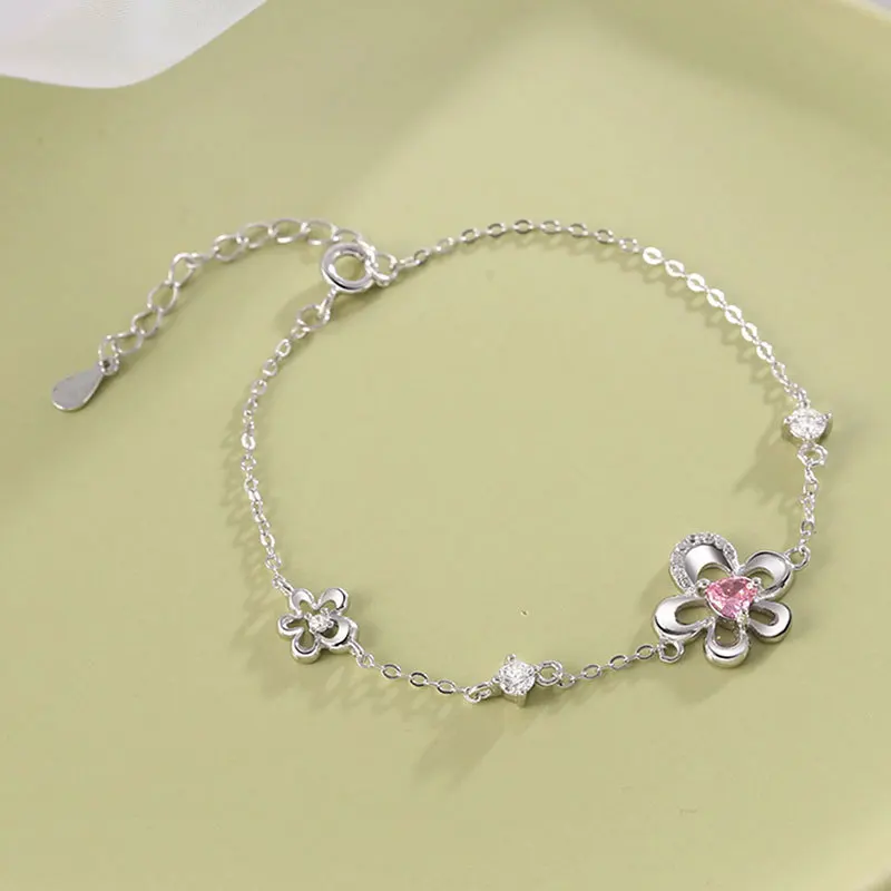 100% 925 Sterling Silver Zircon Flower Bracelet for Women Girl Hollow Out Heart Geometric Design Jewelry Party Gift Dropshipping