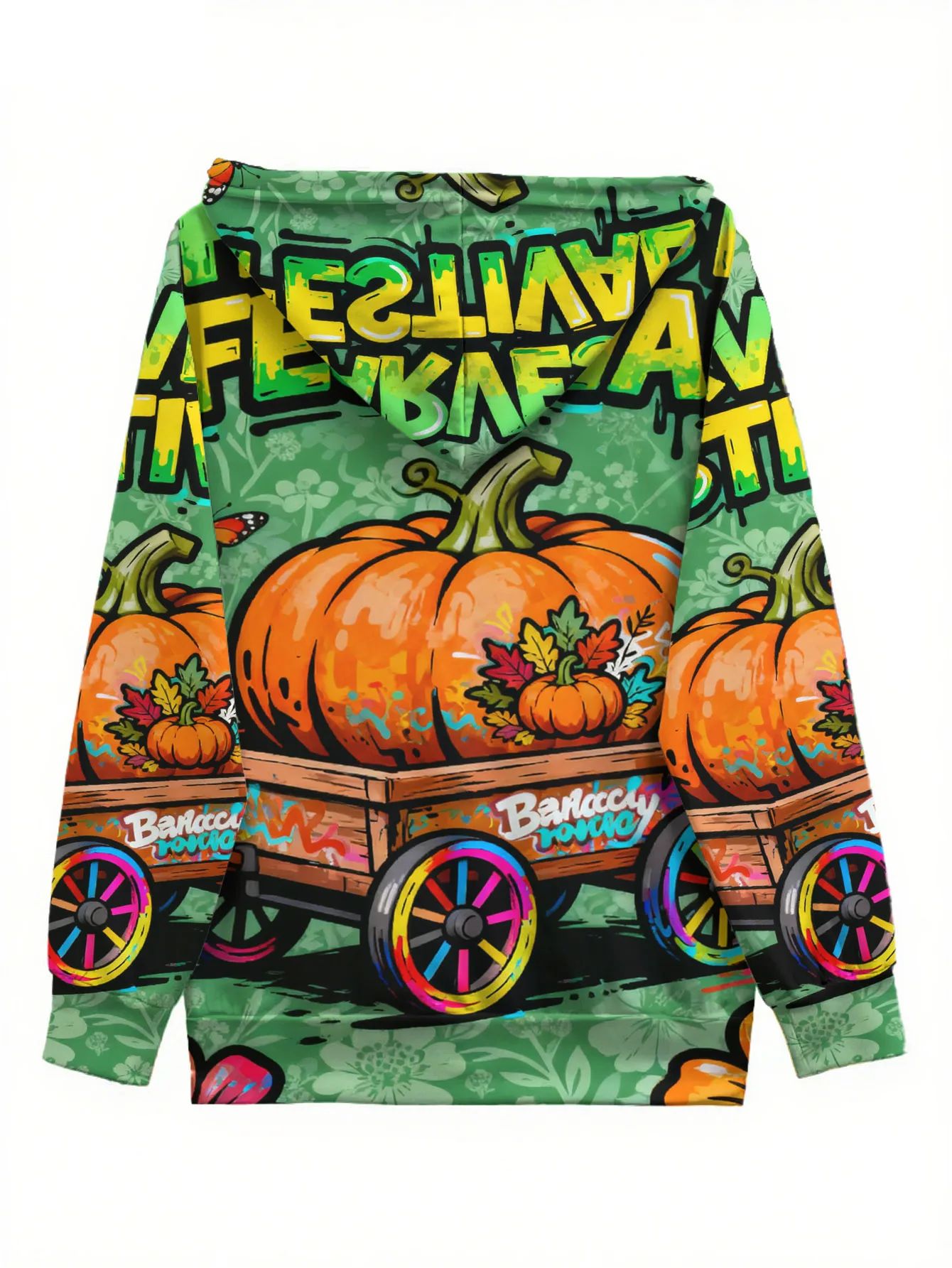 Carrello di zucca con stampa completa 3D del Ringraziamento e graffiti floreali, elegante felpa con cappuccio con cerniera per la celebrazione autunnale del Ringraziamento