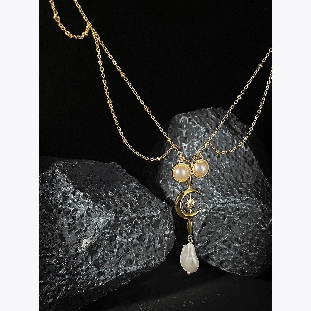 

ENFASHION Original Kpop Moon Star Pendants Necklaces Collares Pearl Necklace For Women Gold Color Fashion Jewelry Wedding P3308