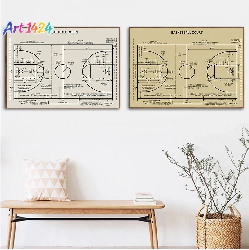 Basketball Court Posters Canvas Art Prints , Sports Basketball Canvas Painting Retro Wall Picture Boys Room Art Decor
