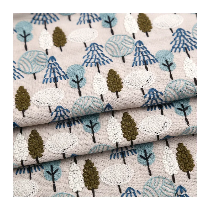 Cotton Linen Forest Tree Embroidered Fabric Dress Bag Home Textile Decoration Diy Sewing Fabric