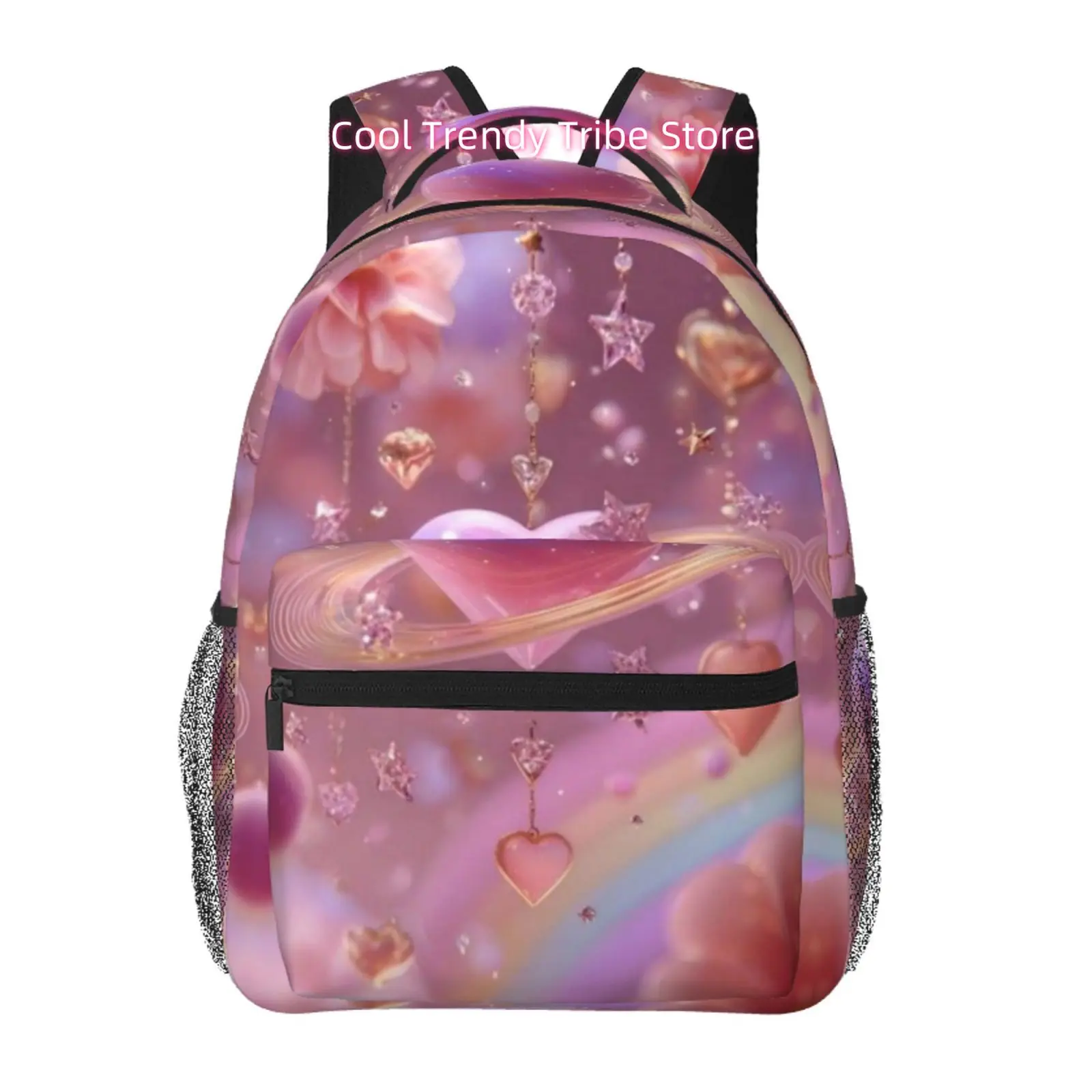 Pink Gem Hearts and Stars with Rainbow Print Backpack, High Quality Oxford Cloth, Adjustable Shoulder Straps, for Beach Yoga Tra