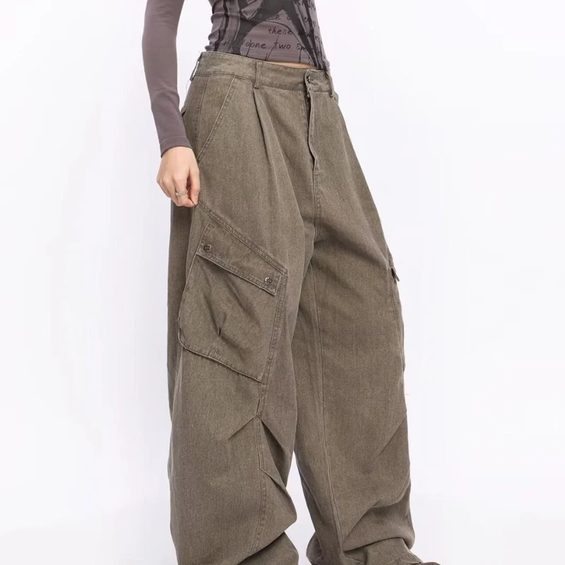 Cargo Pants Womens In Khaki Spring Cotton Lace Pleated Decorative Detail Lovely Festival Present Gift Ribbons Bowknot Streetwear