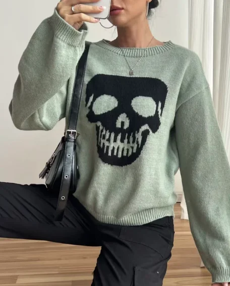 

Женский элегантный повседневный вязаный свитер с длинными рукавами и рисунком скелета, наряд на Хэллоуин, повседневная одежда