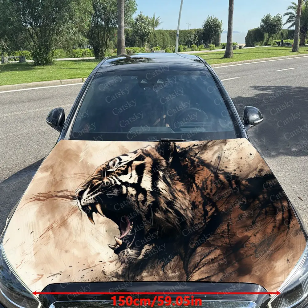 Ferocious Tiger in Dynamic Scene Car Hood Stickers - Self-Adhesive, Waterproof and Durable Vinyl Wrap, Decorate And Protect Your