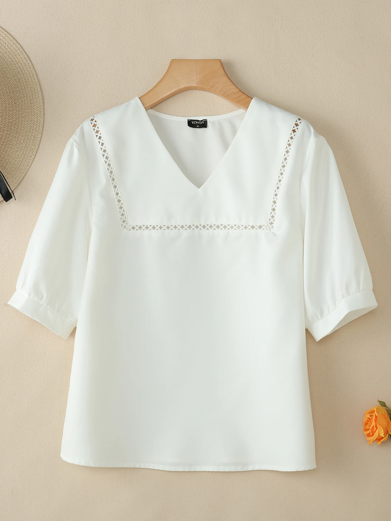 

VONDA Fashion Summer Blouse 2025 Women Short Sleeve Tunic Tops Casual V-Neck Loose Solid Elegant Shirts Hollow Out Lace Blusas